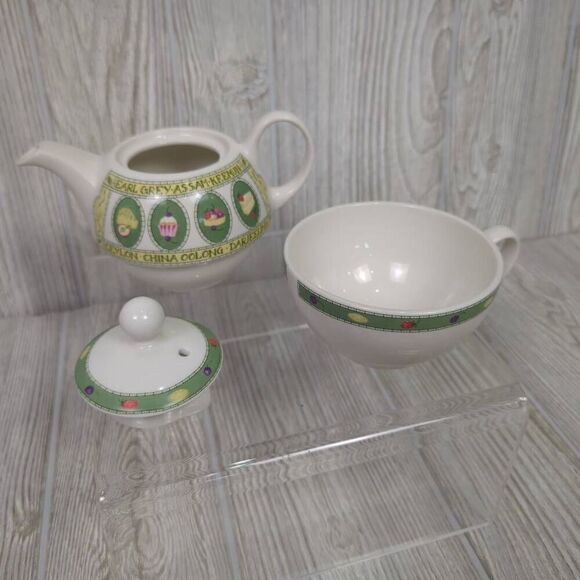 Vintage Arthur Wood Est 1884 Tea for One Set Stacking Teapot & Cup White Green - Picture 5 of 9